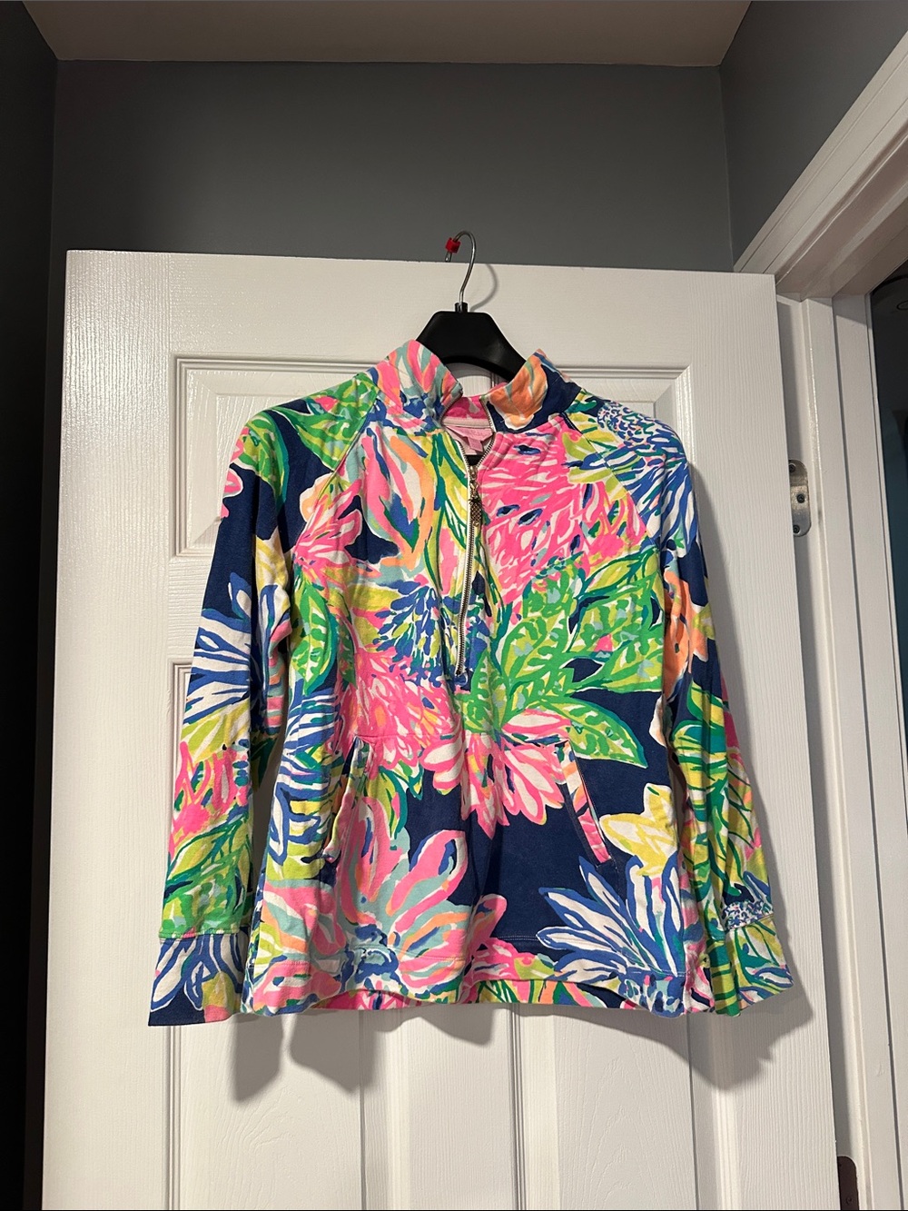 Lilly Pulitzer Navy Pink Green Tropical Floral Half-Zip Jacket
